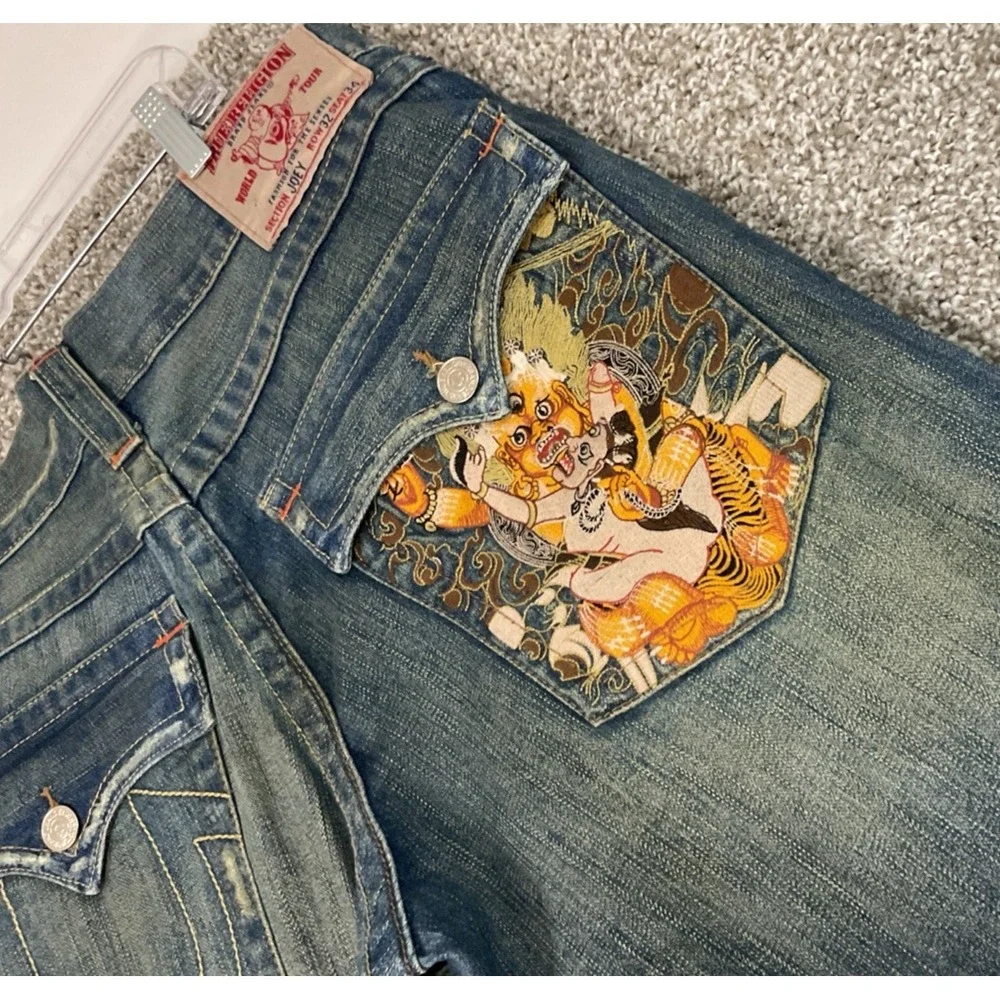 True Religion Flare Twisted Buddha Graphic embroidered‎ pocket USA Y2K